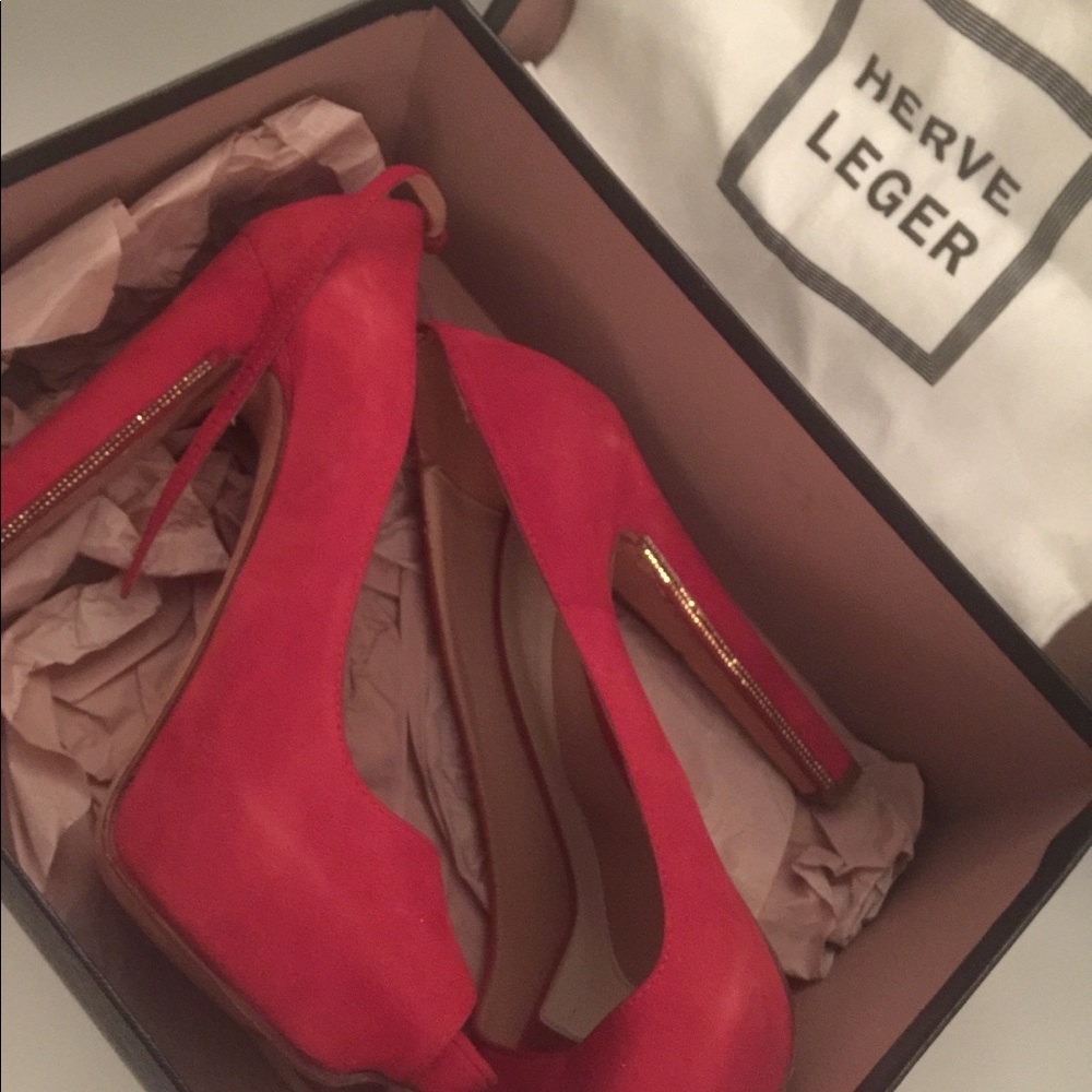 👠HERVE LEGER RED SUEDE W/ GOLD CRYSTAL HEELS 39